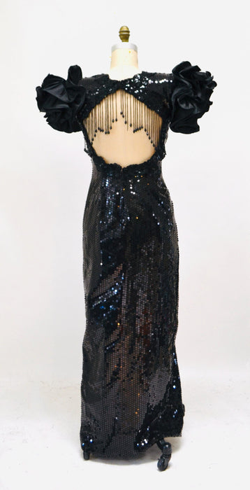 80s Vintage Black Prom Dress Sequin Dress Evening Gown 80s Medium Large// 80s Pageant Dress Black Sequins Fringe Drag Queen Alyce Designs