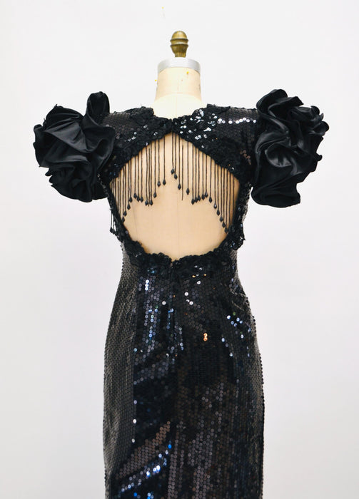 80s Vintage Black Prom Dress Sequin Dress Evening Gown 80s Medium Large// 80s Pageant Dress Black Sequins Fringe Drag Queen Alyce Designs