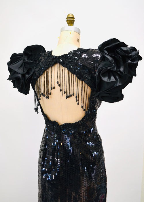 80s Vintage Black Prom Dress Sequin Dress Evening Gown 80s Medium Large// 80s Pageant Dress Black Sequins Fringe Drag Queen Alyce Designs