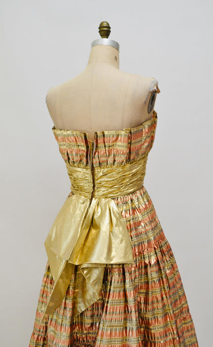 Vintage Metallic 80s Prom Dress Gold By Victor Costa// Gold Metallic 80s Party Dress Strapless Medium Crinoline Skirt Barbie Party Dress
