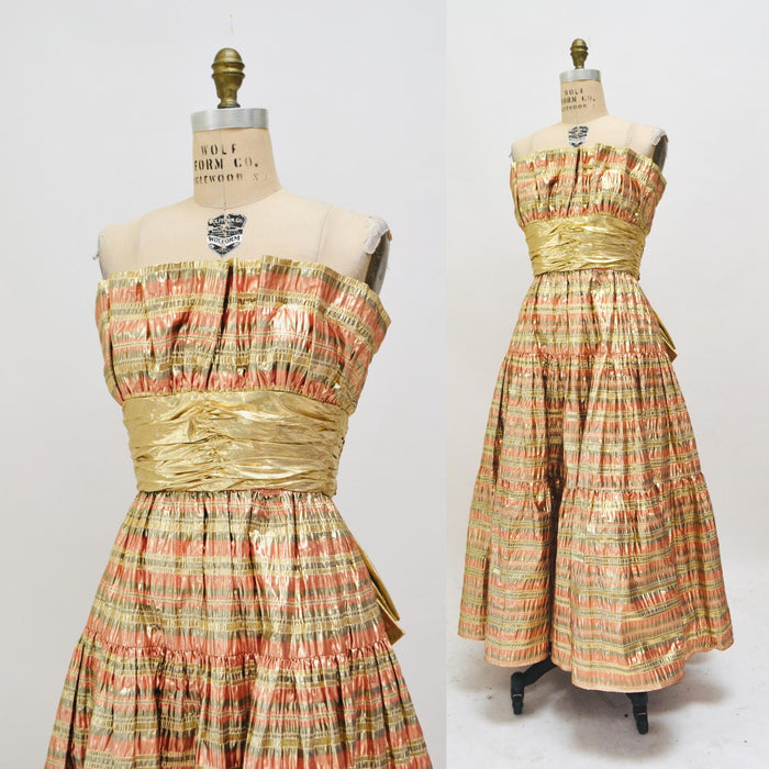 Vintage Metallic 80s Prom Dress Gold By Victor Costa// Gold Metallic 80s Party Dress Strapless Medium Crinoline Skirt Barbie Party Dress