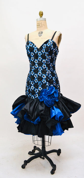 80s 90s Prom Party Dress with Blue Sequins Blue and Black Ruffles Medium// 80s Pageant Party Dress by Alyce Designs Medium 1991 Prom Dress