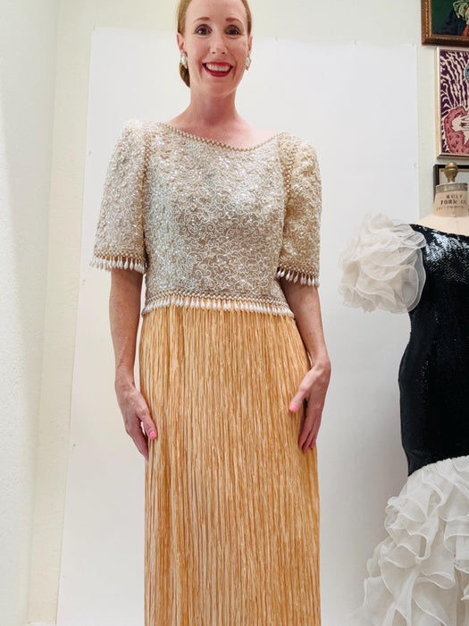 Vintage 80s Beige Pleated Sequin Dress by Mary McFadden Medium Large //  80s Vintage Wedding Party Dress Pleated Conservative Wedding Dress