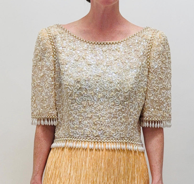 Vintage 80s Beige Pleated Sequin Dress by Mary McFadden Medium Large //  80s Vintage Wedding Party Dress Pleated Conservative Wedding Dress