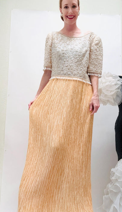 Vintage 80s Beige Pleated Sequin Dress by Mary McFadden Medium Large //  80s Vintage Wedding Party Dress Pleated Conservative Wedding Dress