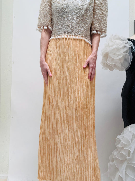 Vintage 80s Beige Pleated Sequin Dress by Mary McFadden Medium Large //  80s Vintage Wedding Party Dress Pleated Conservative Wedding Dress