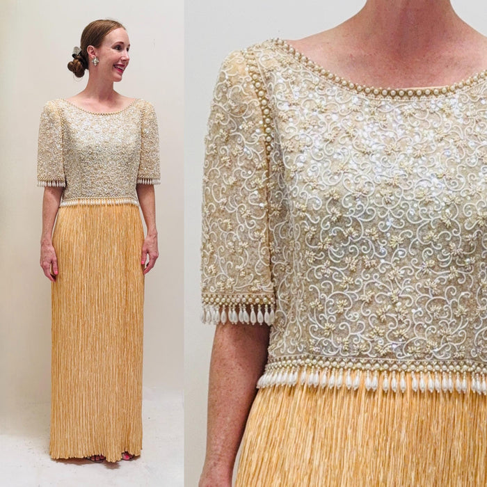 Vintage 80s Beige Pleated Sequin Dress by Mary McFadden Medium Large //  80s Vintage Wedding Party Dress Pleated Conservative Wedding Dress