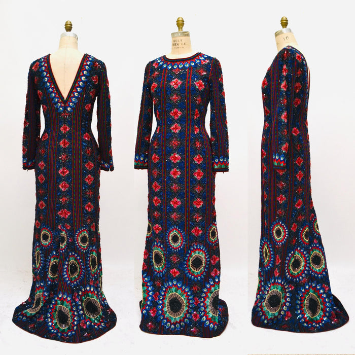 Vintage 1995 Fall Winter Escada Couture Sequin Beaded Dress Evening Gown// Vintage Long Sleeve Sequin Gown Dress Winter wedding Small Medium