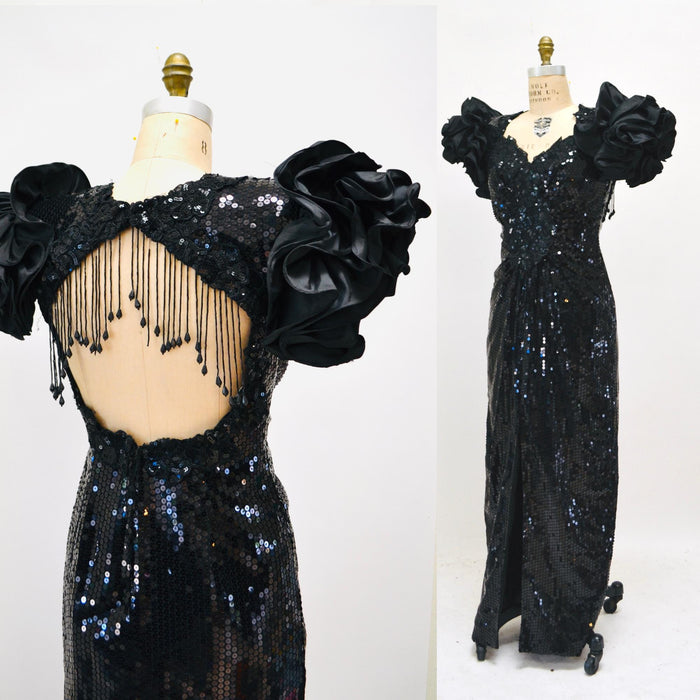 80s Vintage Black Prom Dress Sequin Dress Evening Gown 80s Medium Large// 80s Pageant Dress Black Sequins Fringe Drag Queen Alyce Designs