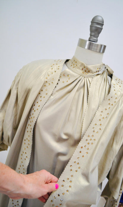80s Vintage Gold Beige Leather Dress and Leather Jacket 80s Country Music Western Wedding Cowgirl Leather Dress by Mandana Small