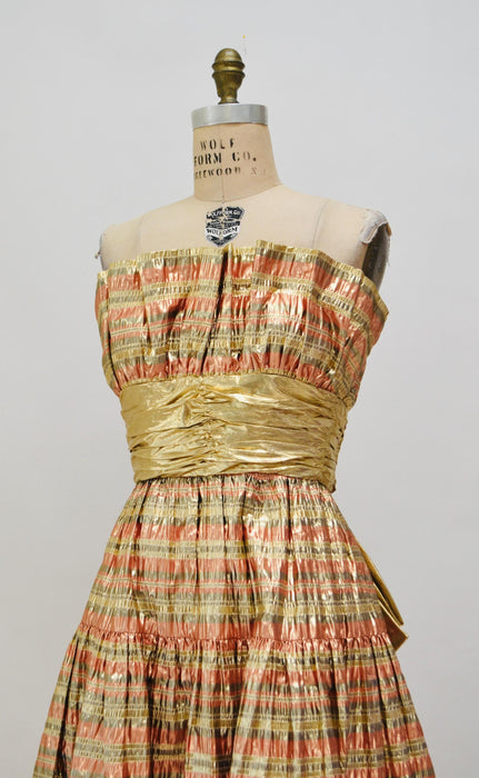 Vintage Metallic 80s Prom Dress Gold By Victor Costa// Gold Metallic 80s Party Dress Strapless Medium Crinoline Skirt Barbie Party Dress