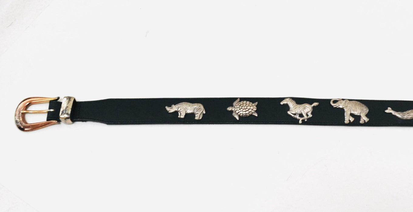 90s Vintage Silver Animal Belt Leopard Metallic Vintage Jungle Animal Zoo Veterinarian Animal Lover Vintage Black Leather Silver Belt Small