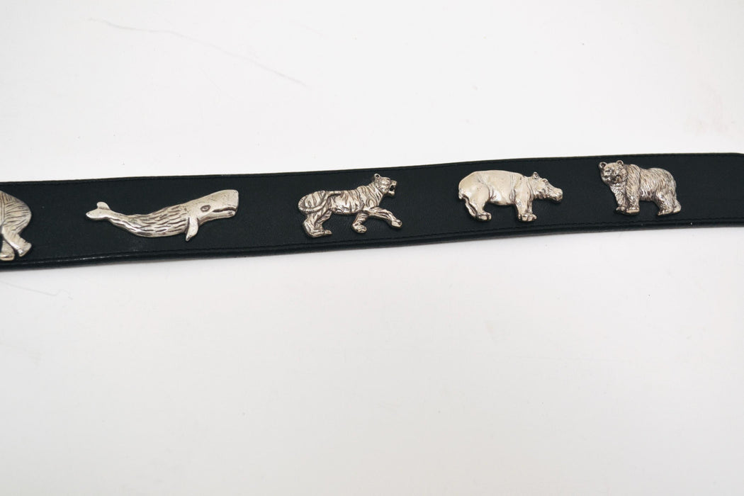 90s Vintage Silver Animal Belt Leopard Metallic Vintage Jungle Animal Zoo Veterinarian Animal Lover Vintage Black Leather Silver Belt Small