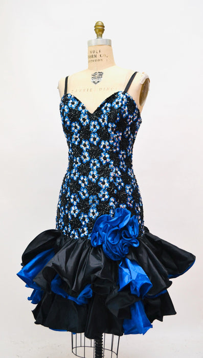 80s 90s Prom Party Dress with Blue Sequins Blue and Black Ruffles Medium// 80s Pageant Party Dress by Alyce Designs Medium 1991 Prom Dress
