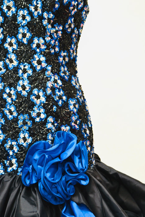 80s 90s Prom Party Dress with Blue Sequins Blue and Black Ruffles Medium// 80s Pageant Party Dress by Alyce Designs Medium 1991 Prom Dress