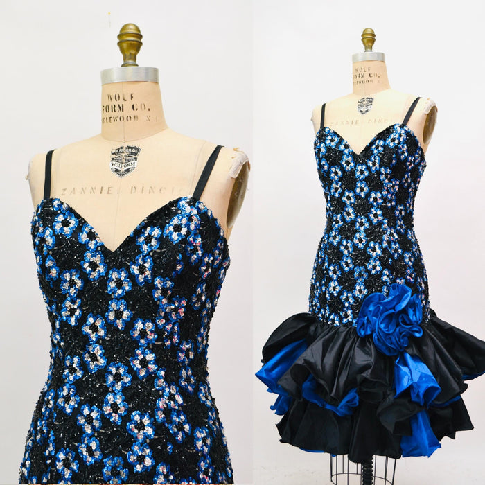 80s 90s Prom Party Dress with Blue Sequins Blue and Black Ruffles Medium// 80s Pageant Party Dress by Alyce Designs Medium 1991 Prom Dress