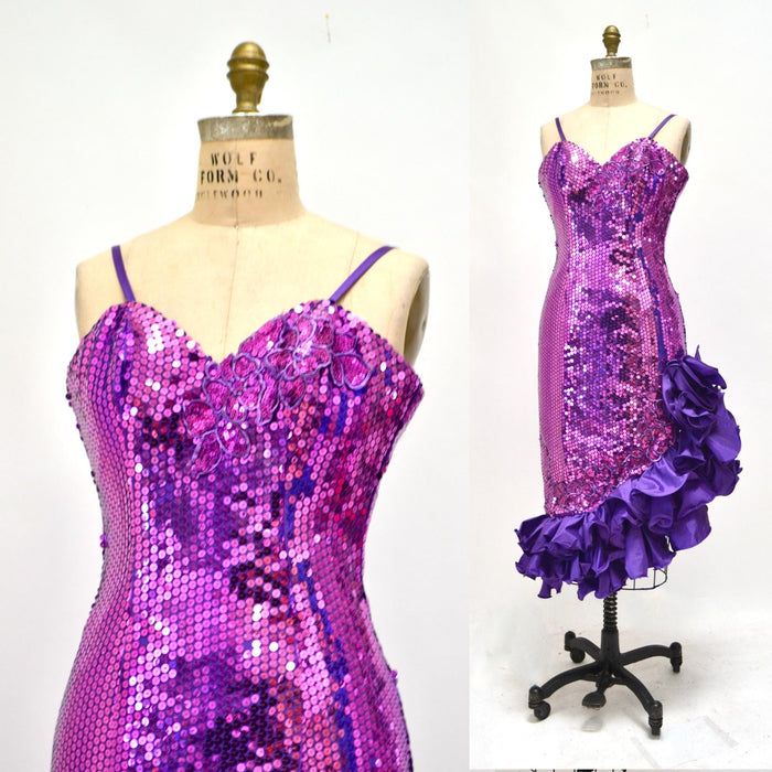 80s 90S Prom Dress Size XXS XS Purple Sequins// Vintage 80s 90s Purple Pageant Dress by Alyce Designs Ruffle Prom Dress Barbie Costume