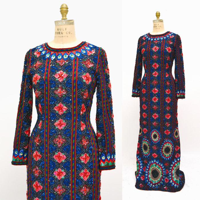 Vintage 1995 Fall Winter Escada Couture Sequin Beaded Dress Evening Gown// Vintage Long Sleeve Sequin Gown Dress Winter wedding Small Medium
