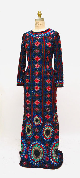 Vintage 1995 Fall Winter Escada Couture Sequin Beaded Dress Evening Gown// Vintage Long Sleeve Sequin Gown Dress Winter wedding Small Medium