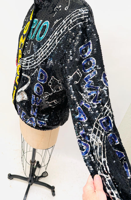 90s Vintage Sequin Music Jacket with Composer Singer Music Jacket// Vintage Black Sequin Musician Jacket Medium GIft for a singer songwriter