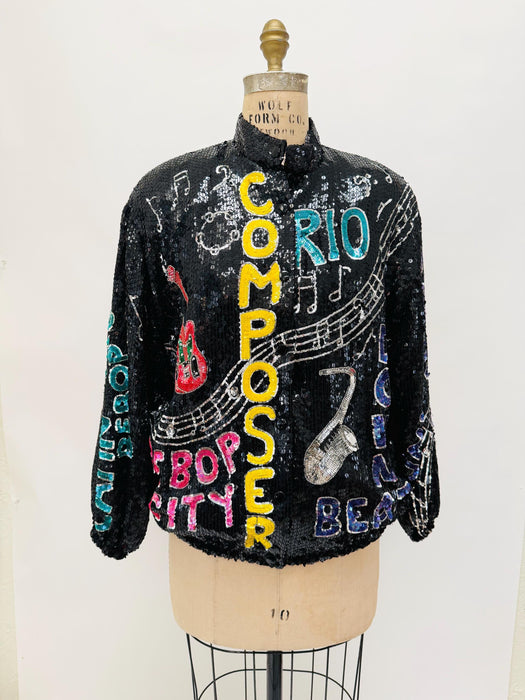 90s Vintage Sequin Music Jacket with Composer Singer Music Jacket// Vintage Black Sequin Musician Jacket Medium GIft for a singer songwriter