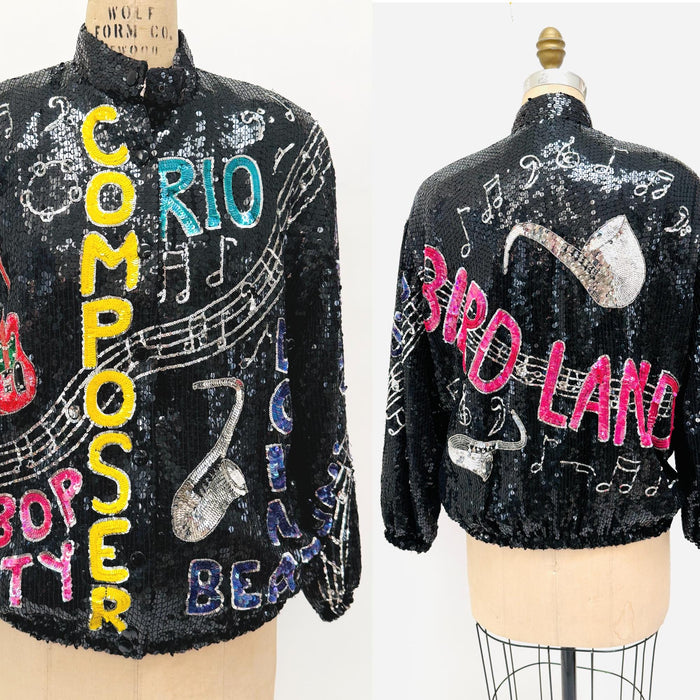 90s Vintage Sequin Music Jacket with Composer Singer Music Jacket// Vintage Black Sequin Musician Jacket Medium GIft for a singer songwriter