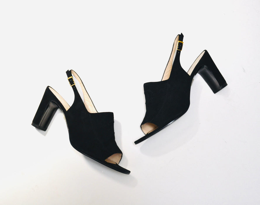 Vintage Black Chanel High Heels Size 38 1/2 Black Suede Leather Sling Back High Heels Chanel Logo High Heels 38 1/2 7 1/2 8 Made in Italy