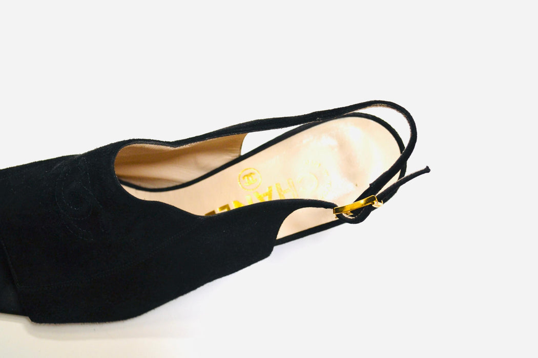 Vintage Black Chanel High Heels Size 38 1/2 Black Suede Leather Sling Back High Heels Chanel Logo High Heels 38 1/2 7 1/2 8 Made in Italy