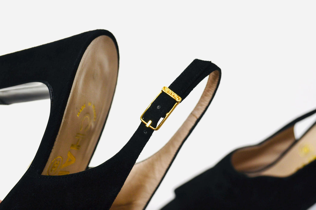 Vintage Black Chanel High Heels Size 38 1/2 Black Suede Leather Sling Back High Heels Chanel Logo High Heels 38 1/2 7 1/2 8 Made in Italy