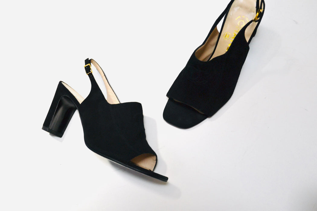 Vintage Black Chanel High Heels Size 38 1/2 Black Suede Leather Sling Back High Heels Chanel Logo High Heels 38 1/2 7 1/2 8 Made in Italy