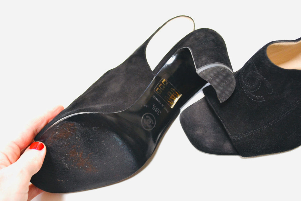 Vintage Black Chanel High Heels Size 38 1/2 Black Suede Leather Sling Back High Heels Chanel Logo High Heels 38 1/2 7 1/2 8 Made in Italy