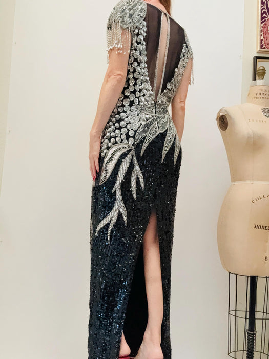 80s 90s GLAM Vintage Black Silver Beaded Sequin Evening Gown Medium // 80s 90s Pageant Drag Queen Black Sequin Dress Dynasty Gown Medium