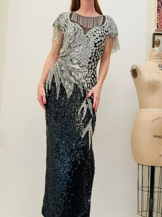 80s 90s GLAM Vintage Black Silver Beaded Sequin Evening Gown Medium // 80s 90s Pageant Drag Queen Black Sequin Dress Dynasty Gown Medium