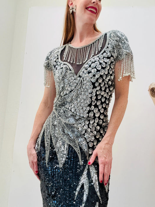 80s 90s GLAM Vintage Black Silver Beaded Sequin Evening Gown Medium // 80s 90s Pageant Drag Queen Black Sequin Dress Dynasty Gown Medium