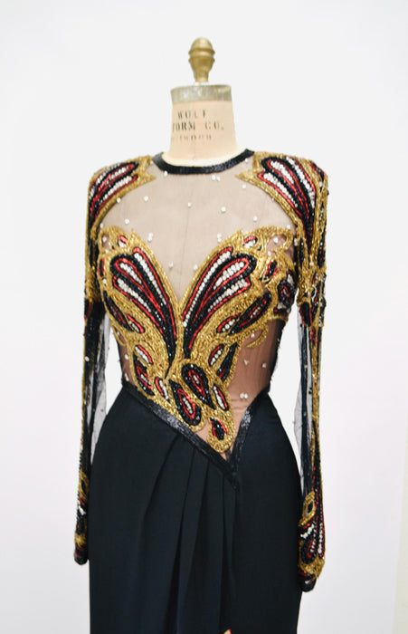 80s 90s Vintage Stephen Yearick Black Red Sheer Beaded Gown Dress Small Medium// Vintage Pageant Party Dress Black Silk Sheer Beaded Dress