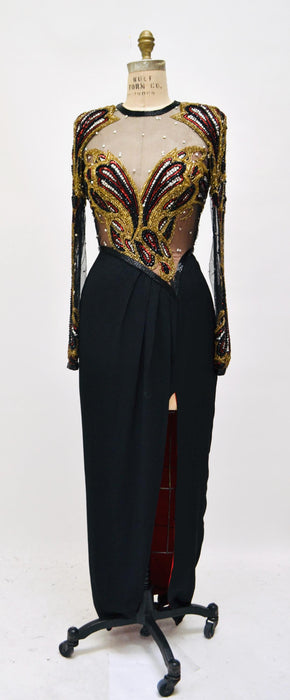 80s 90s Vintage Stephen Yearick Black Red Sheer Beaded Gown Dress Small Medium// Vintage Pageant Party Dress Black Silk Sheer Beaded Dress