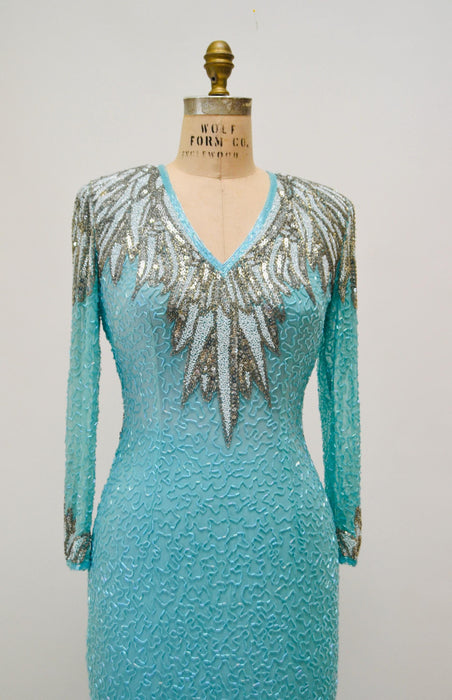 Vintage Blue Beaded Dress Evening Gown Blue Silver Sequin Gown Small By Lillie Rubin// 80s Vintage Drag Queen Pageant Trophy Dress Princess
