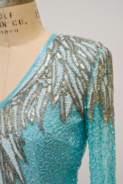 Vintage Blue Beaded Dress Evening Gown Blue Silver Sequin Gown Small By Lillie Rubin// 80s Vintage Drag Queen Pageant Trophy Dress Princess