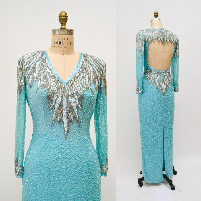 Vintage Blue Beaded Dress Evening Gown Blue Silver Sequin Gown Small By Lillie Rubin// 80s Vintage Drag Queen Pageant Trophy Dress Princess