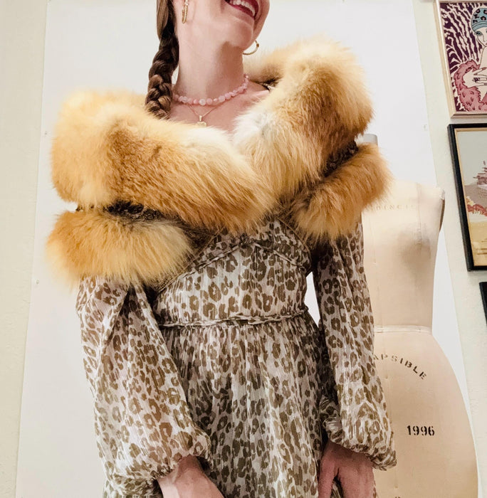 Vintage Zandra Rhodes Fur Wrap Jacket Fox Fur Winter Wedding// Vintage Fur Cropped Jacket // Vintage Fur Brown Blonde Fox with sequin Trim