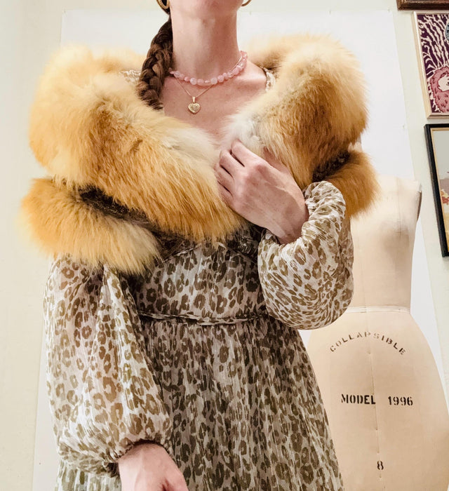 Vintage Zandra Rhodes Fur Wrap Jacket Fox Fur Winter Wedding// Vintage Fur Cropped Jacket // Vintage Fur Brown Blonde Fox with sequin Trim