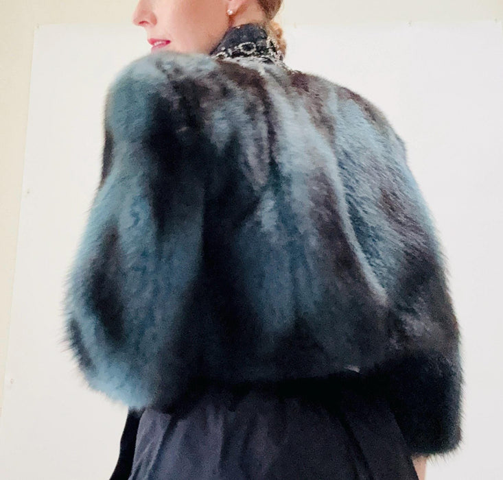 2000s Vintage Zac Posen Blue Black Mink Fur Jacket Rhinestones Chains Winter Wedding// Vintage Fur Cropped Jacket Metal Rhinestone Trim