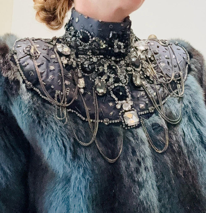 2000s Vintage Zac Posen Blue Black Mink Fur Jacket Rhinestones Chains Winter Wedding// Vintage Fur Cropped Jacket Metal Rhinestone Trim