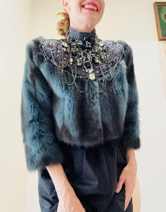 2000s Vintage Zac Posen Blue Black Mink Fur Jacket Rhinestones Chains Winter Wedding// Vintage Fur Cropped Jacket Metal Rhinestone Trim