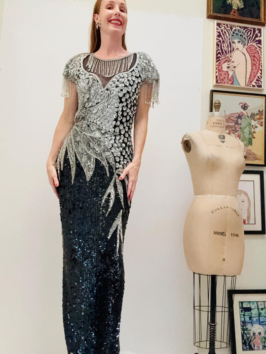 80s 90s GLAM Vintage Black Silver Beaded Sequin Evening Gown Medium // 80s 90s Pageant Drag Queen Black Sequin Dress Dynasty Gown Medium