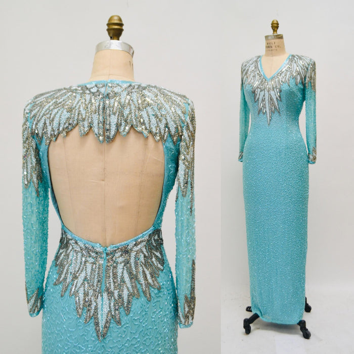 Vintage Blue Beaded Dress Evening Gown Blue Silver Sequin Gown Small By Lillie Rubin// 80s Vintage Drag Queen Pageant Trophy Dress Princess