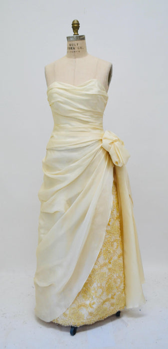 Vintage Strapless Ball Gown Dress Cream Gold Silk Evening Wedding Dress Designer Gown Silk Cream Bustier Paul-Louis Orrier Paris Small
