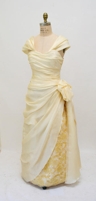 Vintage Strapless Ball Gown Dress Cream Gold Silk Evening Wedding Dress Designer Gown Silk Cream Bustier Paul-Louis Orrier Paris Small