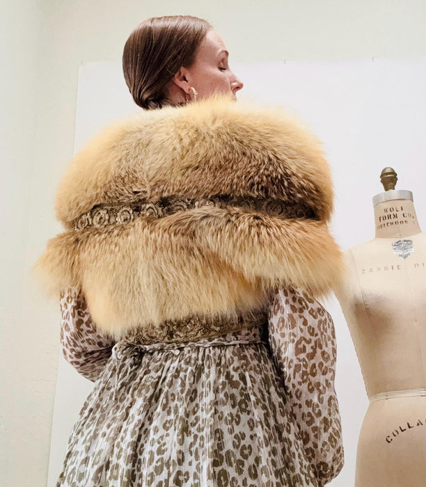 Vintage Zandra Rhodes Fur Wrap Jacket Fox Fur Winter Wedding// Vintage Fur Cropped Jacket // Vintage Fur Brown Blonde Fox with sequin Trim