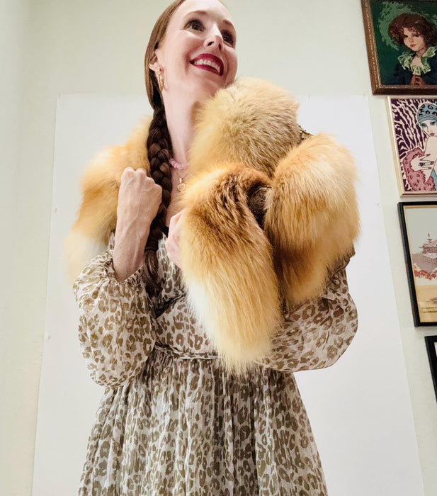 Vintage Zandra Rhodes Fur Wrap Jacket Fox Fur Winter Wedding// Vintage Fur Cropped Jacket // Vintage Fur Brown Blonde Fox with sequin Trim